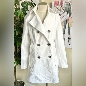 Calvin Klein White Coastal Ruffle Double Breasted Minimalist Trench Coat Sz M